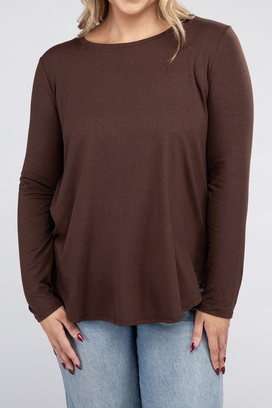 Long Sleeve Round Neck Round Hem Top - PLUS