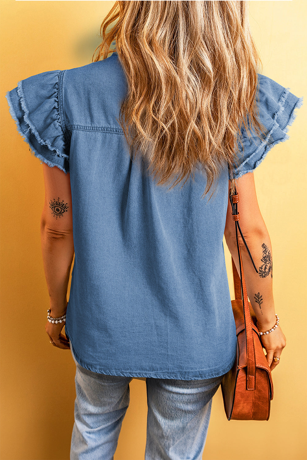 Blue Button Ruffled Denim Top