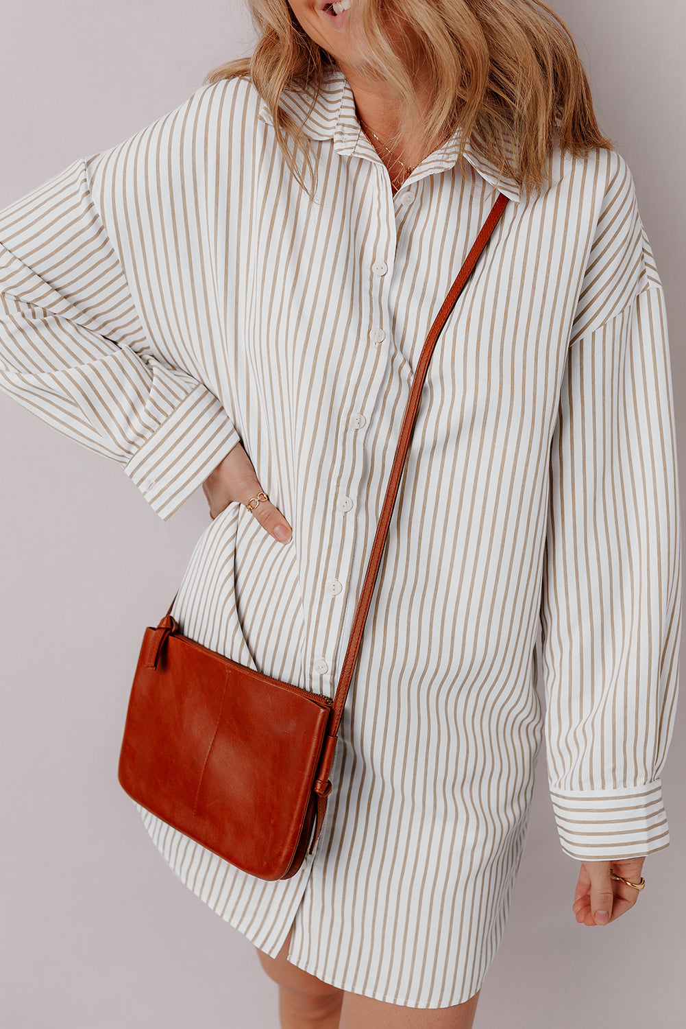 Khaki Stripe Long Sleeve Shirt Dress