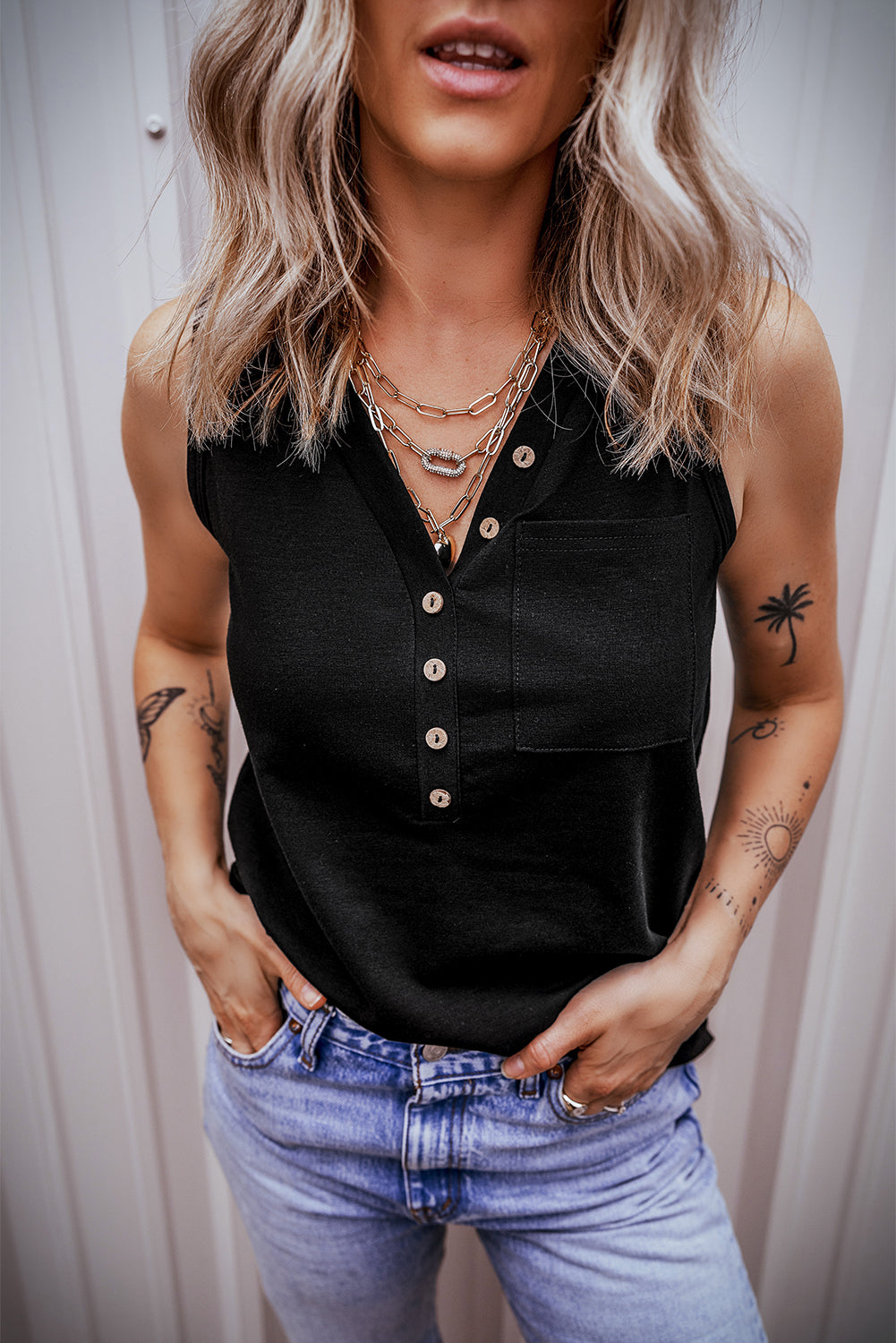 Black Half Button Tank