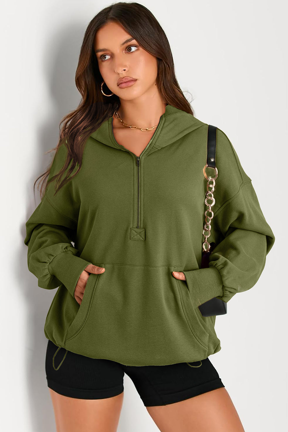 Bonbon Solid Kangaroo Pocket Half Zipper Oversized Hoodie