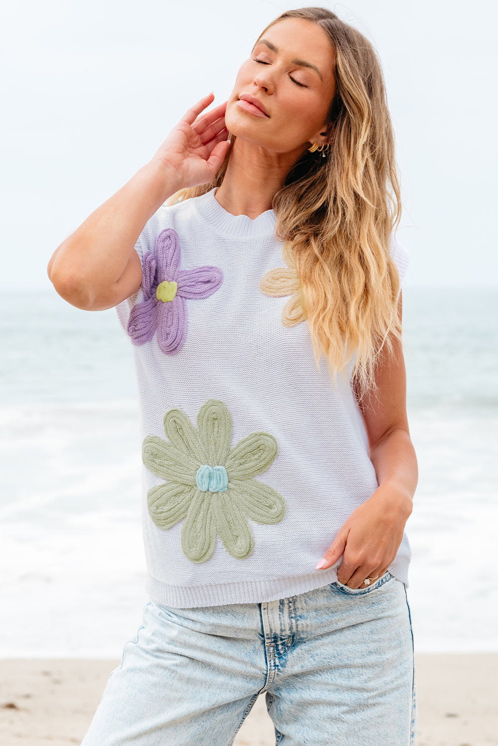 White Multi Crochet Flower Top