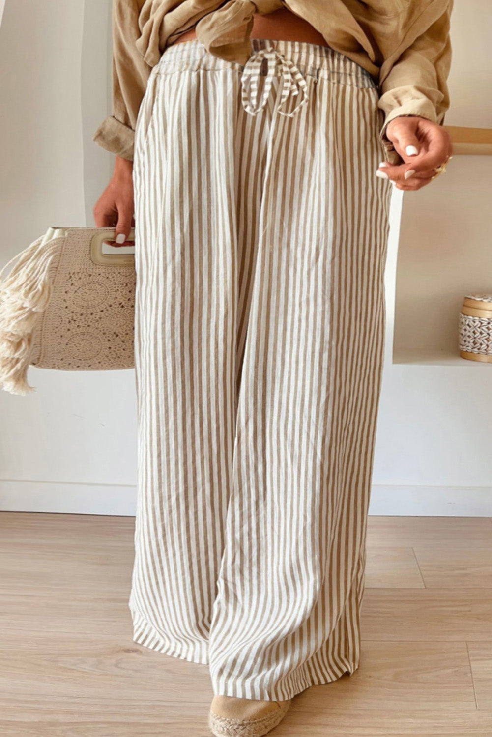 Khaki Stripe Plus Size Wide Leg Pants