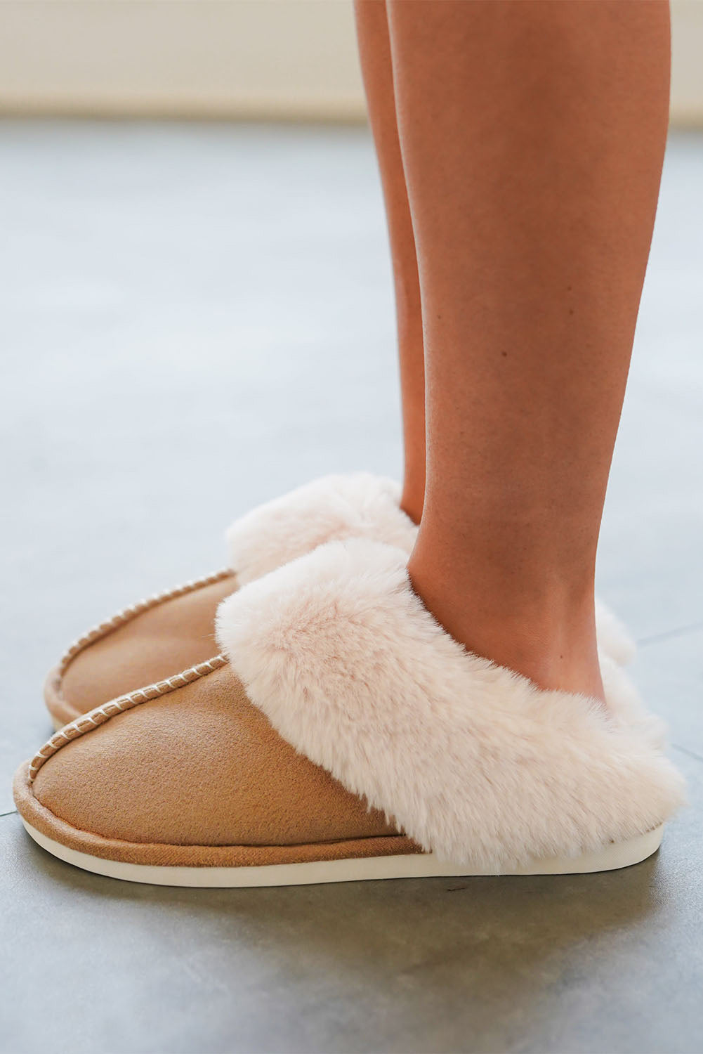 Camel Plush Suede ContrastWinter Home Slippers