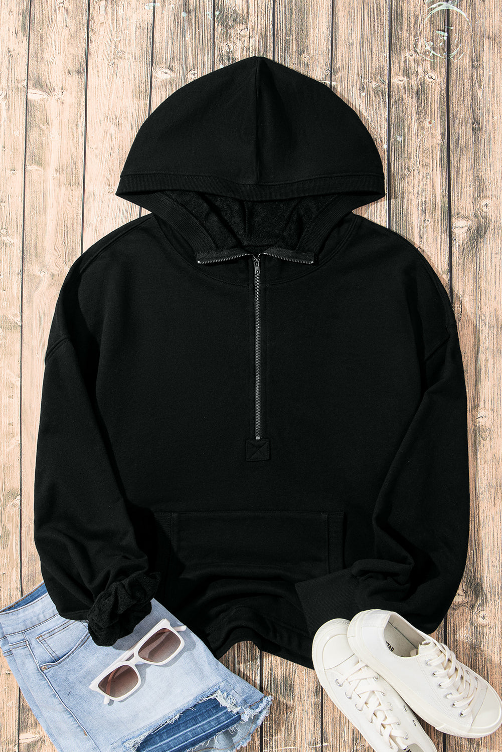 Bonbon Solid Kangaroo Pocket Half Zipper Oversized Hoodie