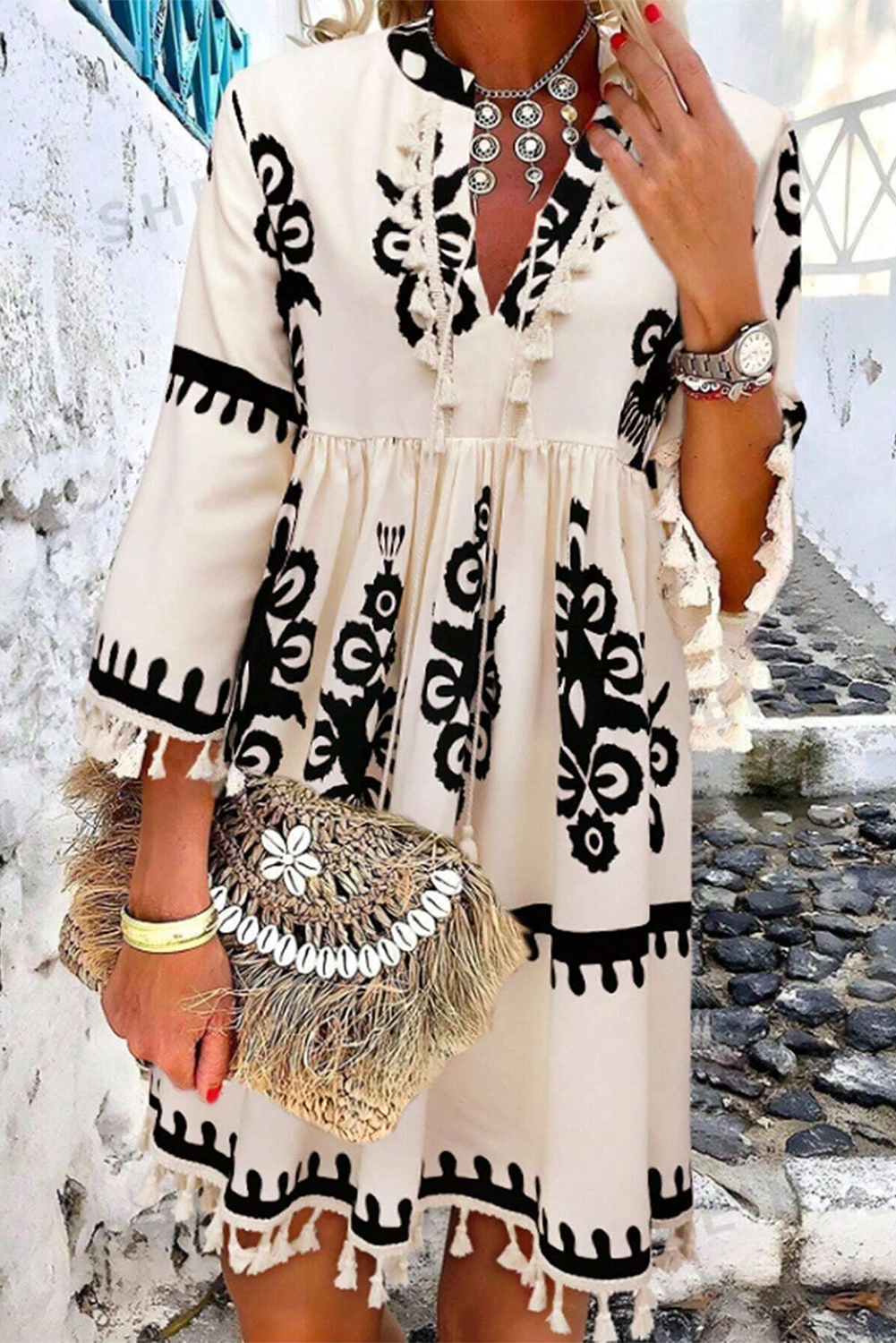 Beige Western Pattern Print Dress