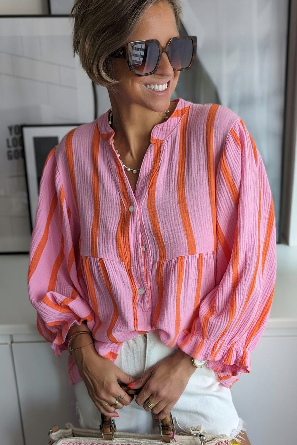 Orange Stripe Crinckled Ruffled Shirt