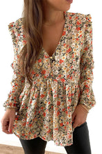 Load image into Gallery viewer, Khaki V Neck Ruffled Babydoll Floral Blouse
