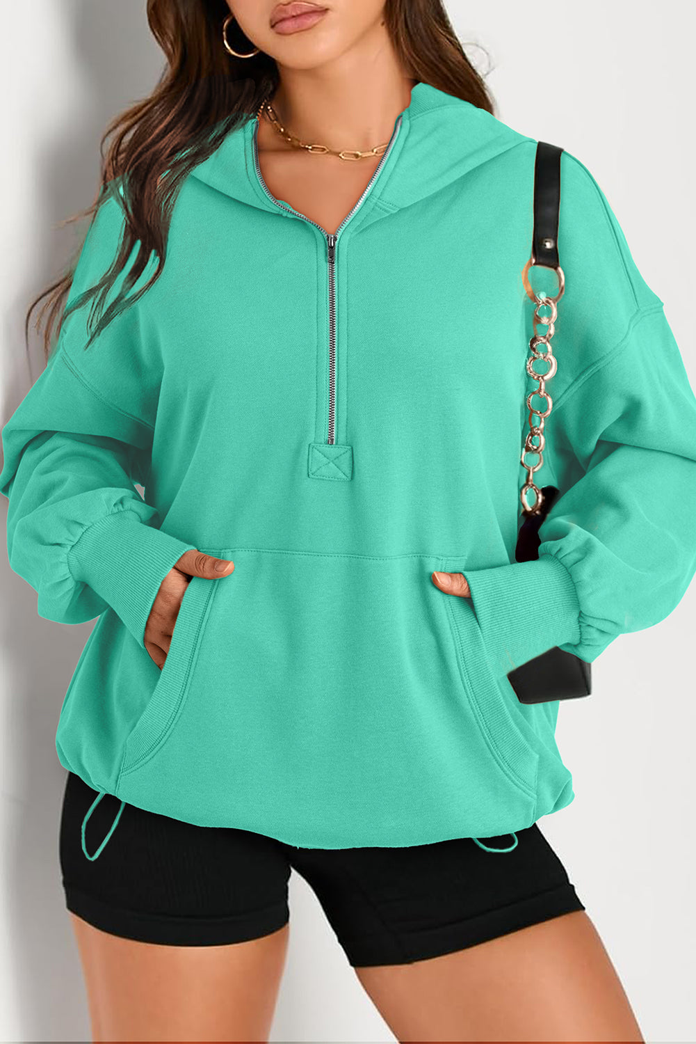 Bonbon Solid Kangaroo Pocket Half Zipper Oversized Hoodie