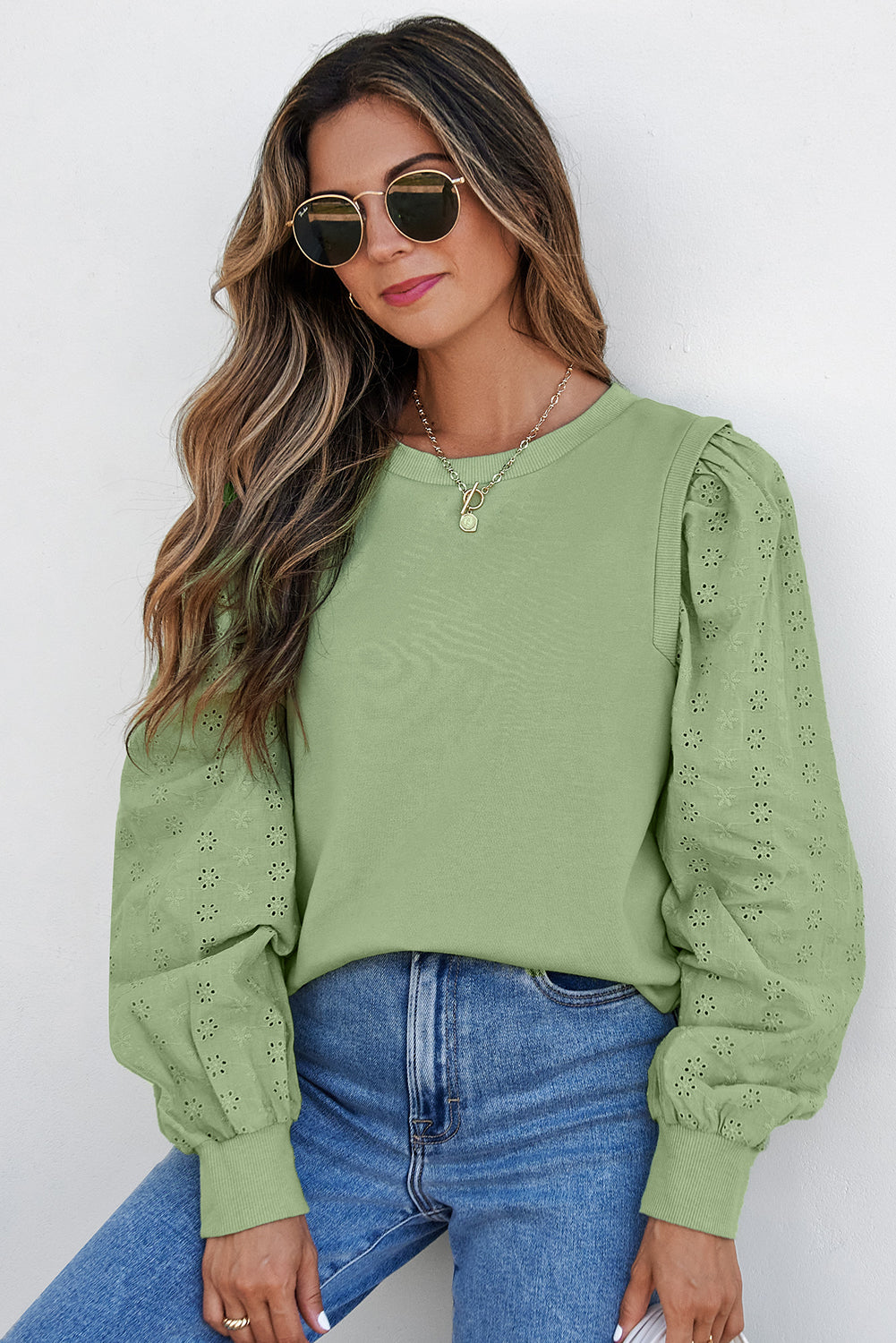 Mist Green Solid Patchwork Sweatshirt