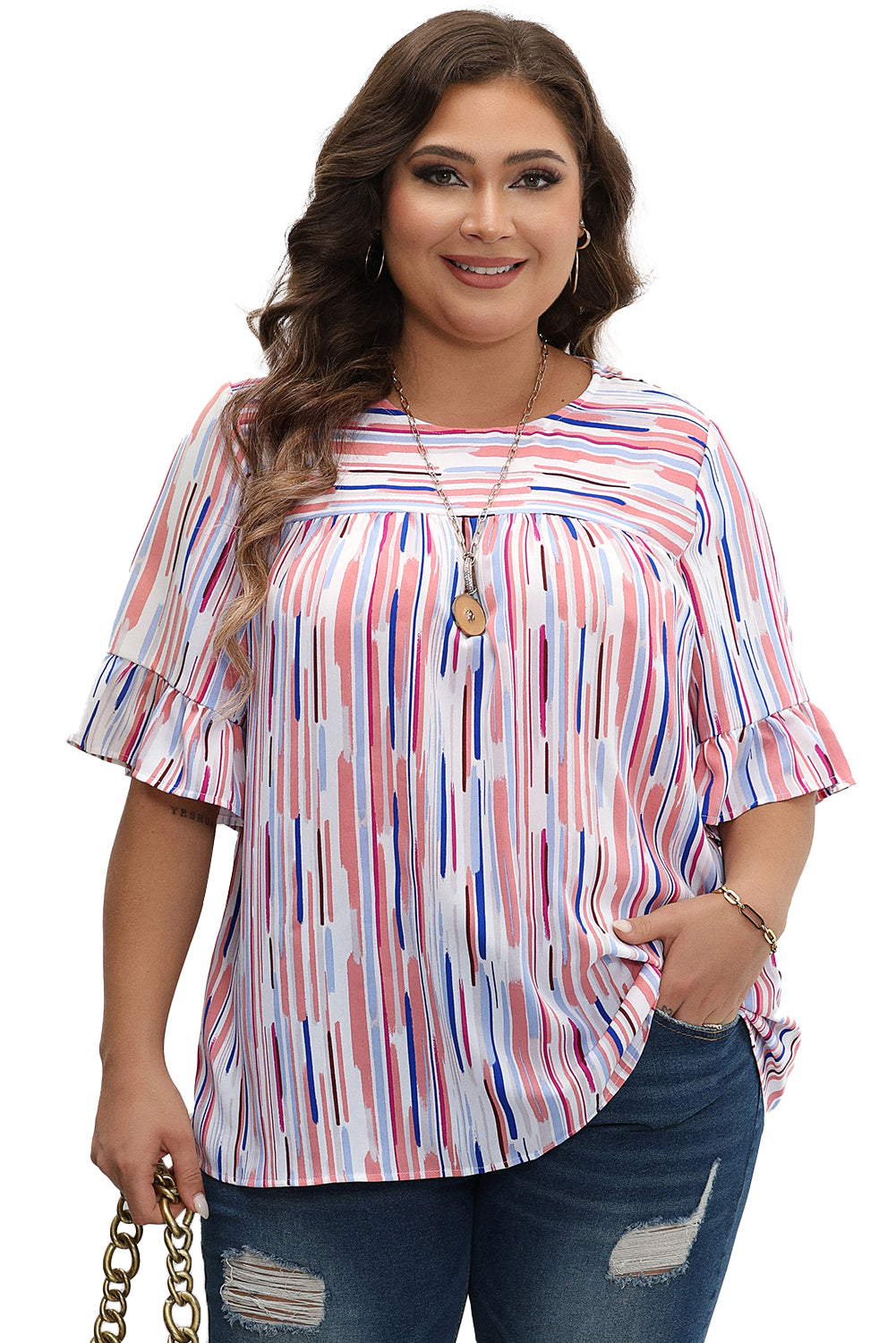 White Stripe Ruffled Blouse - PLUS