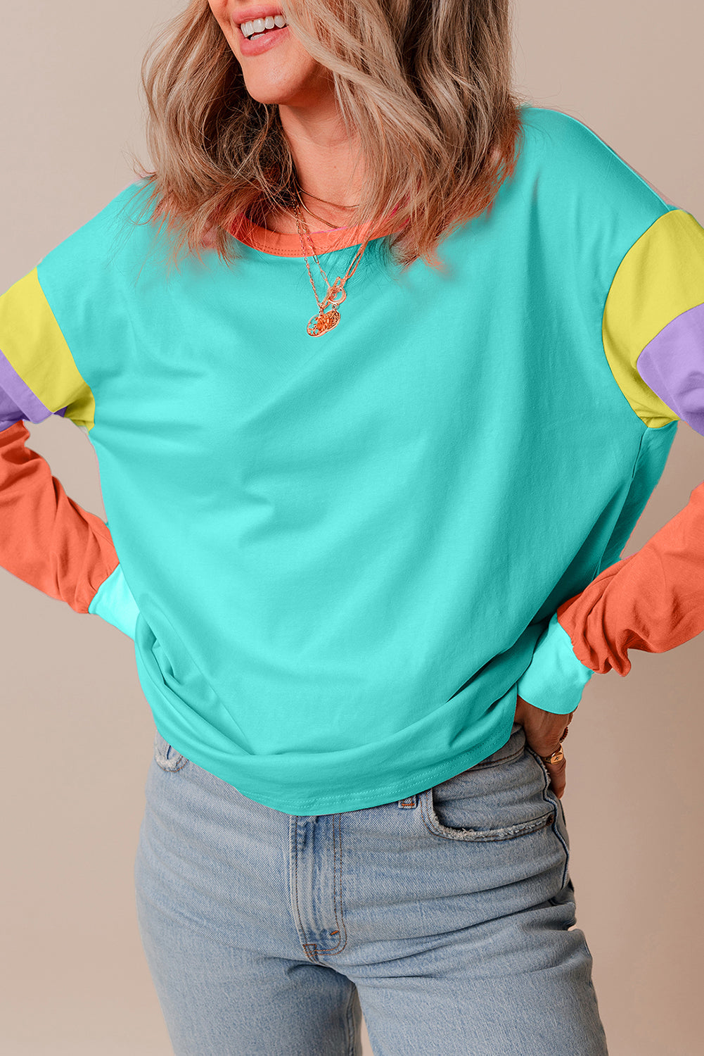 Light Blue Colorblock Patchwork Top