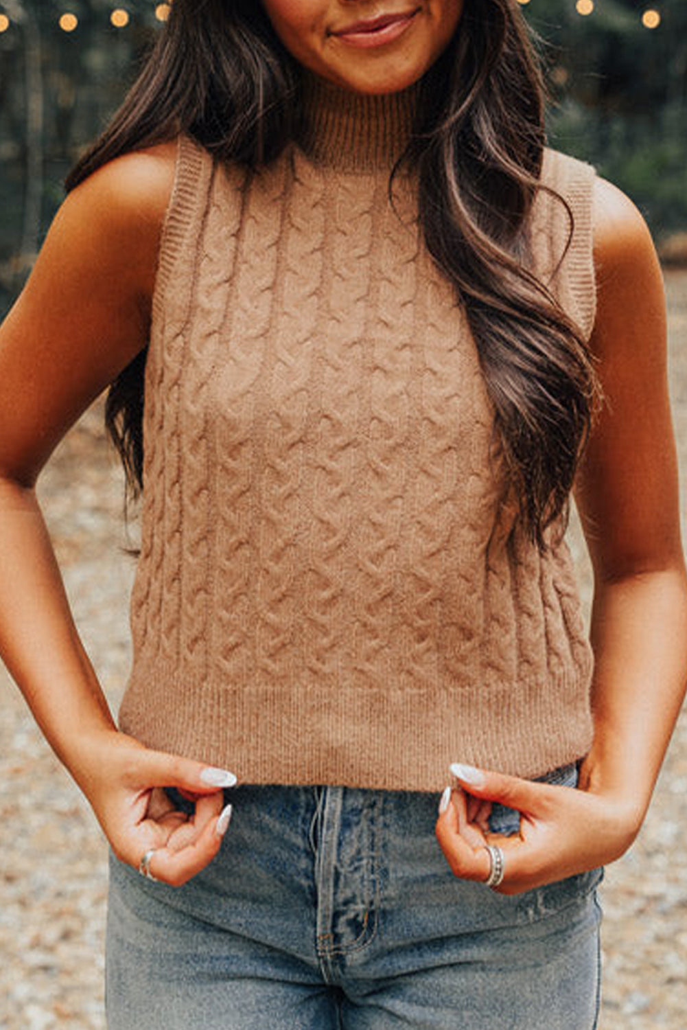 Beige Cable Knit High Tank Top