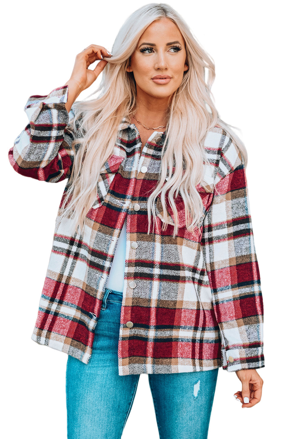 Geometric Plaid Print Pocketed Shacket