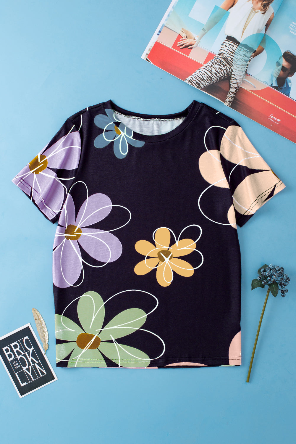 Black Summer Flower Print T Shirt