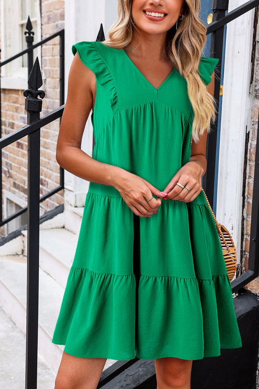 Bright Green Solid Color V Neck Ruffle Dress