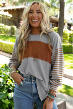Load image into Gallery viewer, Gray Colorblock Striped Bishop Sleeve Top
