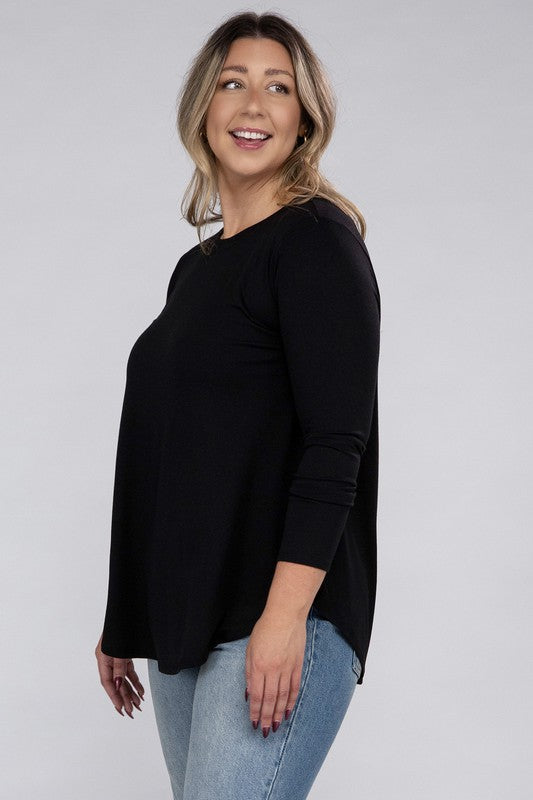 Long Sleeve Round Neck Round Hem Top - PLUS