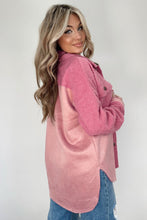 Load image into Gallery viewer, Pink Colorblock Buttoned Flap Pocket Sherpa Shacket
