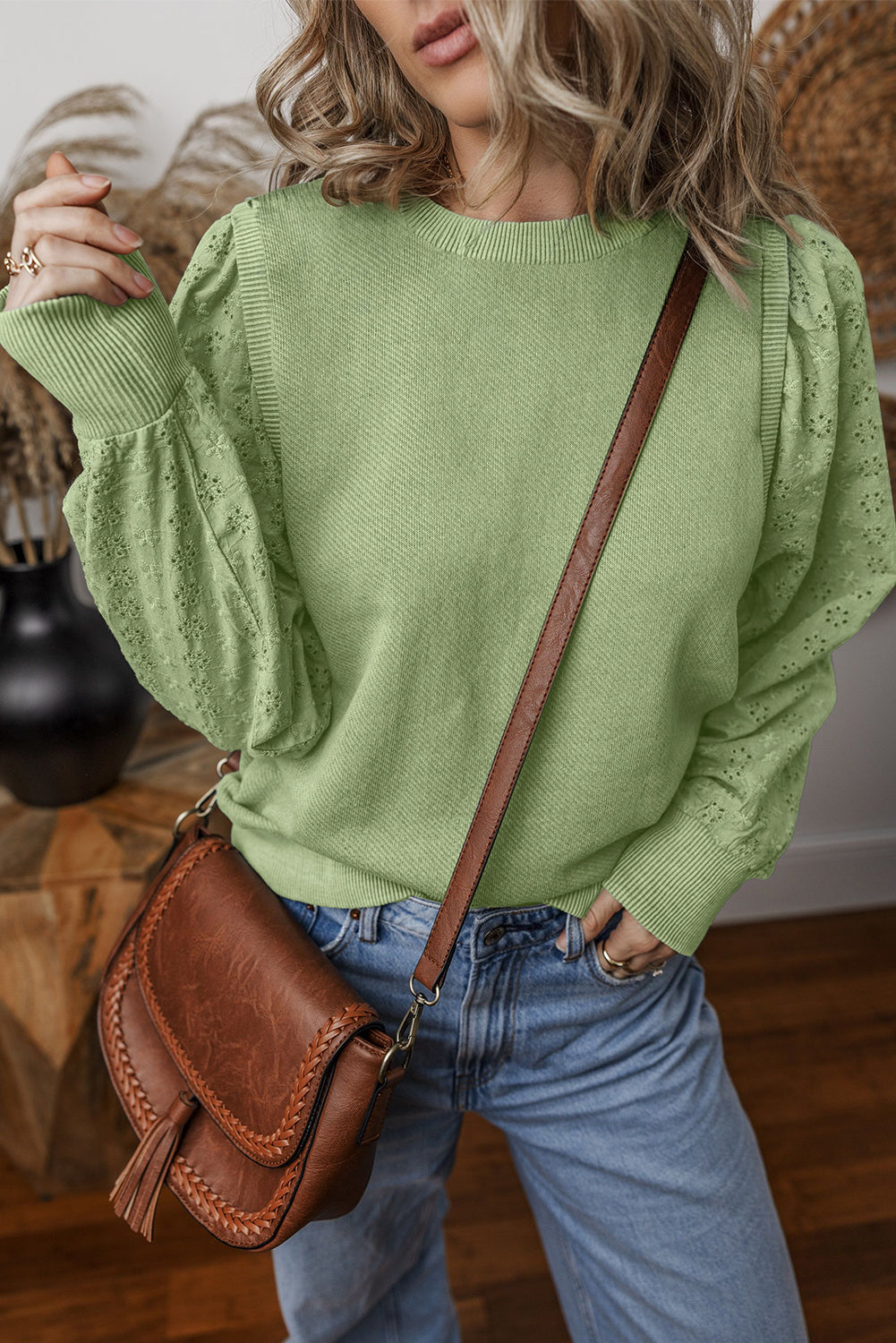 Mist Green Solid Patchwork Sweatshirt