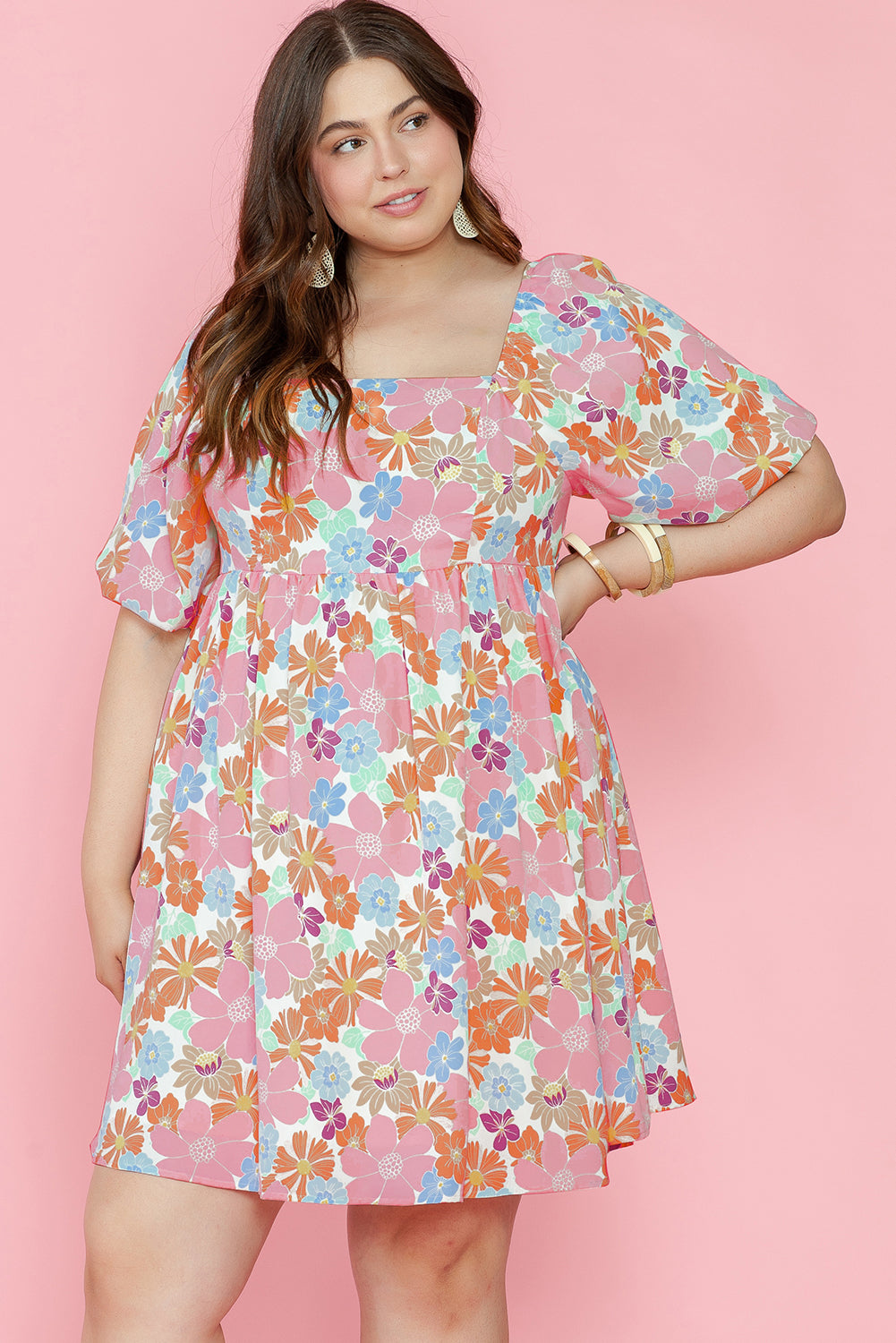 Multicolour Floral Puff Sleeve Dress - PLUS