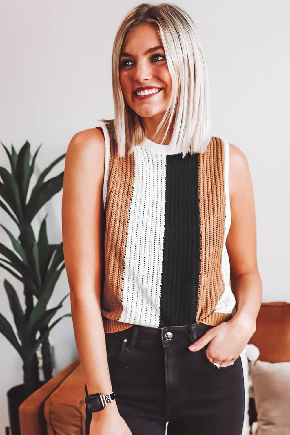 Khaki Stripe Color Block Sweater Vest