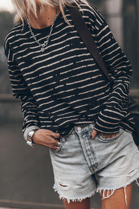 Black Retro Striped Casual Long Sleeve Top