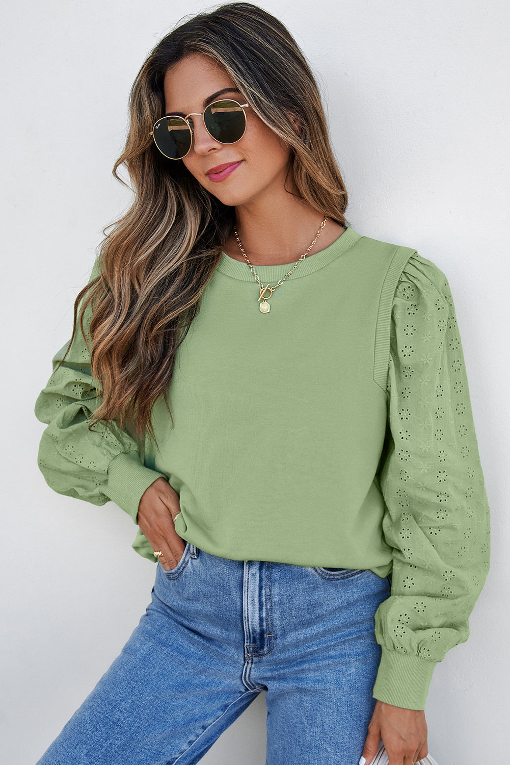 Mist Green Solid Patchwork Sweatshirt