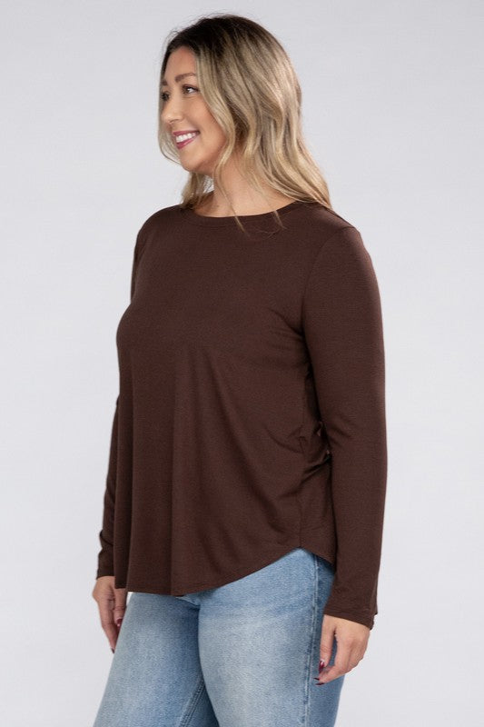 Long Sleeve Round Neck Round Hem Top - PLUS