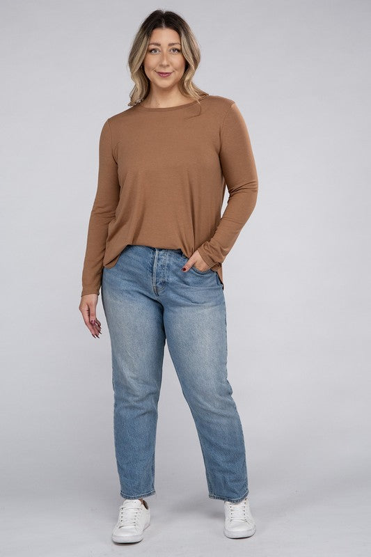 Long Sleeve Round Neck Round Hem Top - PLUS