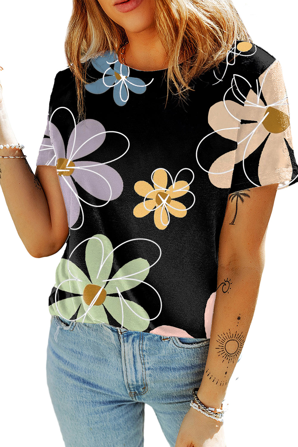 Black Summer Flower Print T Shirt