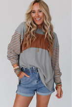 Load image into Gallery viewer, Gray Colorblock Striped Bishop Sleeve Top
