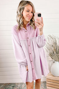 Pink Patchwork Crinkle Puff Sleeve Shirt Dress
