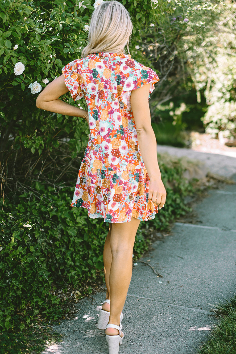 Purple Floral Print  Sleeve Dress