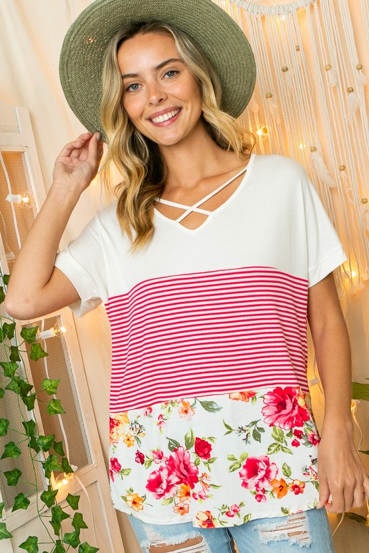 SOLID STRIPE FLORAL JERSEY TOP