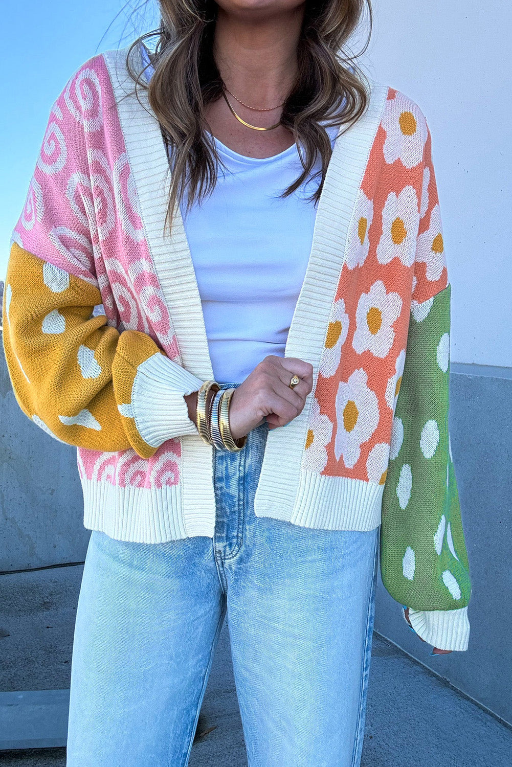 Orange Flower & Dotted Mixed Print Cardigan