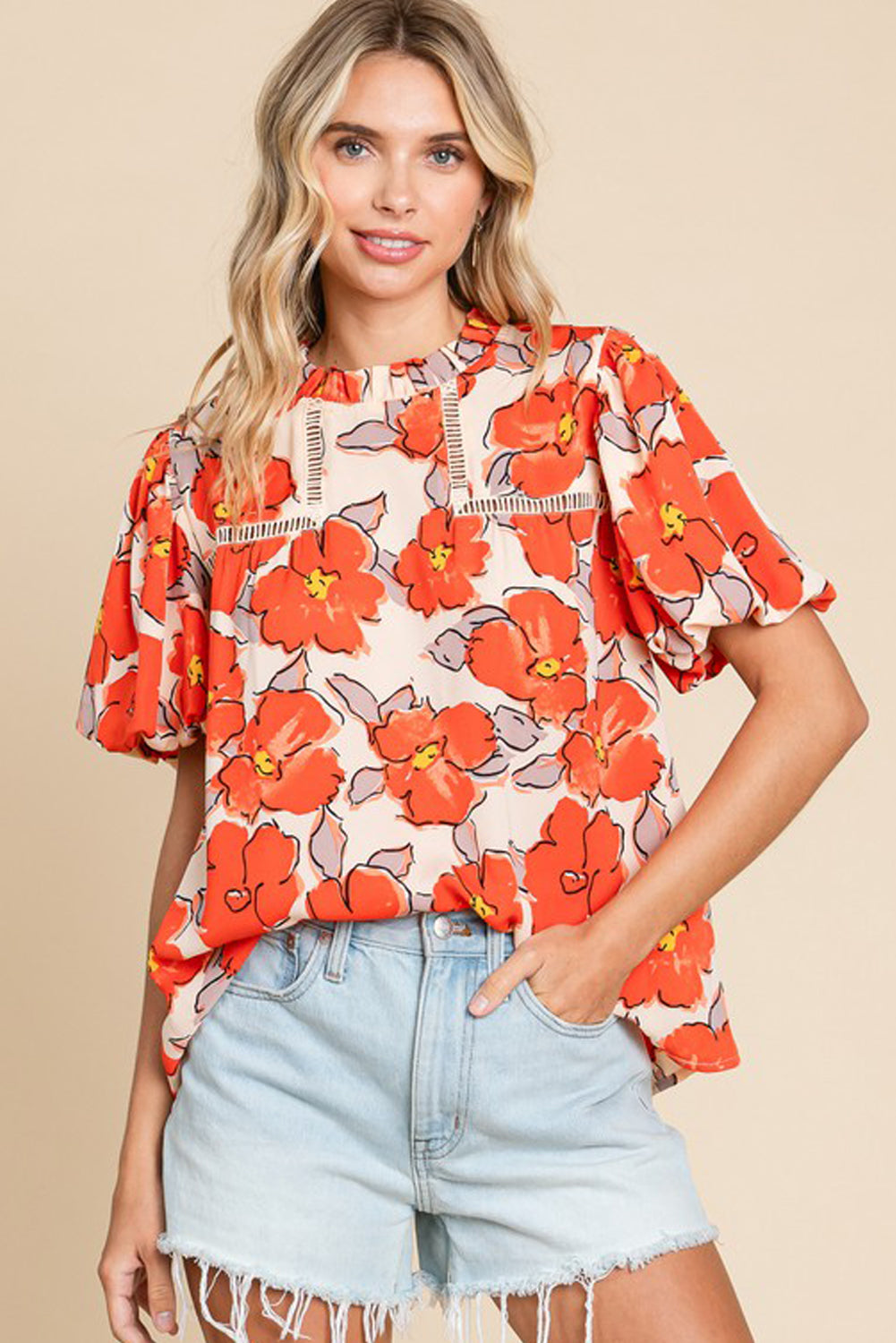 Orange Floral Bubble Blouse