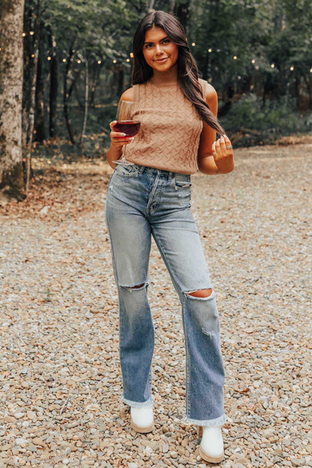 Beige Cable Knit High Tank Top