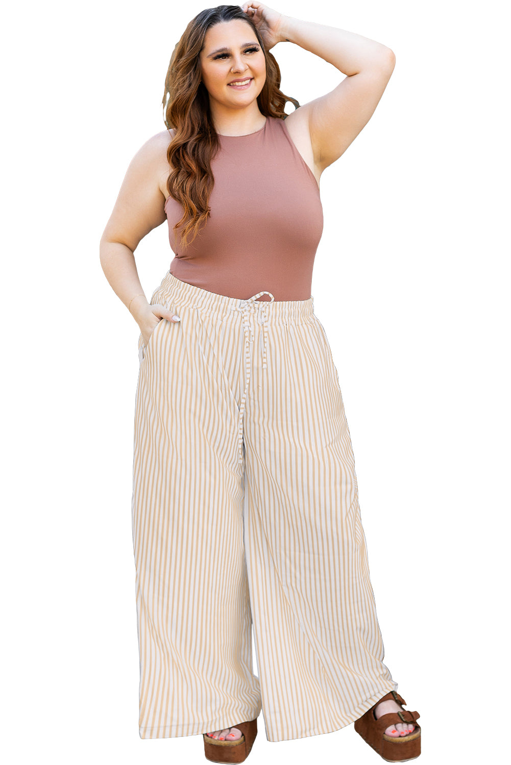 Khaki Stripe Plus Size Wide Leg Pants