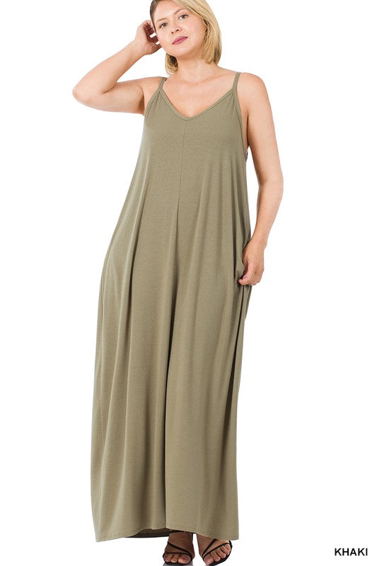 V-Neck Cami Maxi Dress with Side Pockets - PLUS