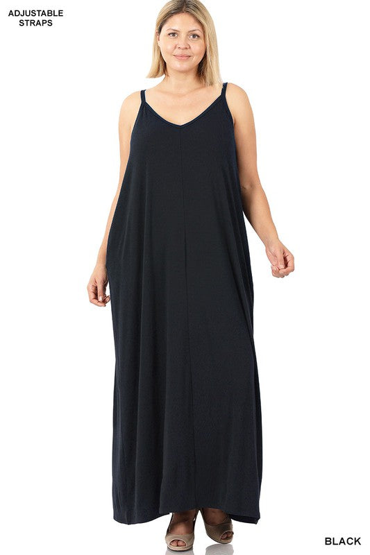 V-Neck Cami Maxi Dress with Side Pockets - PLUS