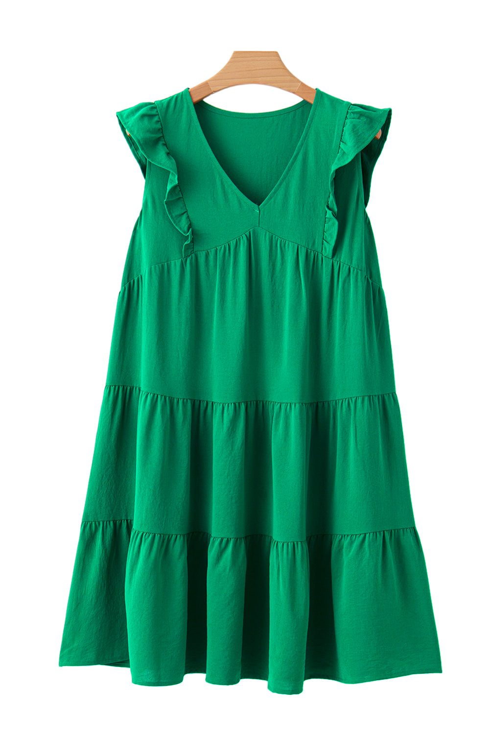 Bright Green Solid Color V Neck Ruffle Dress