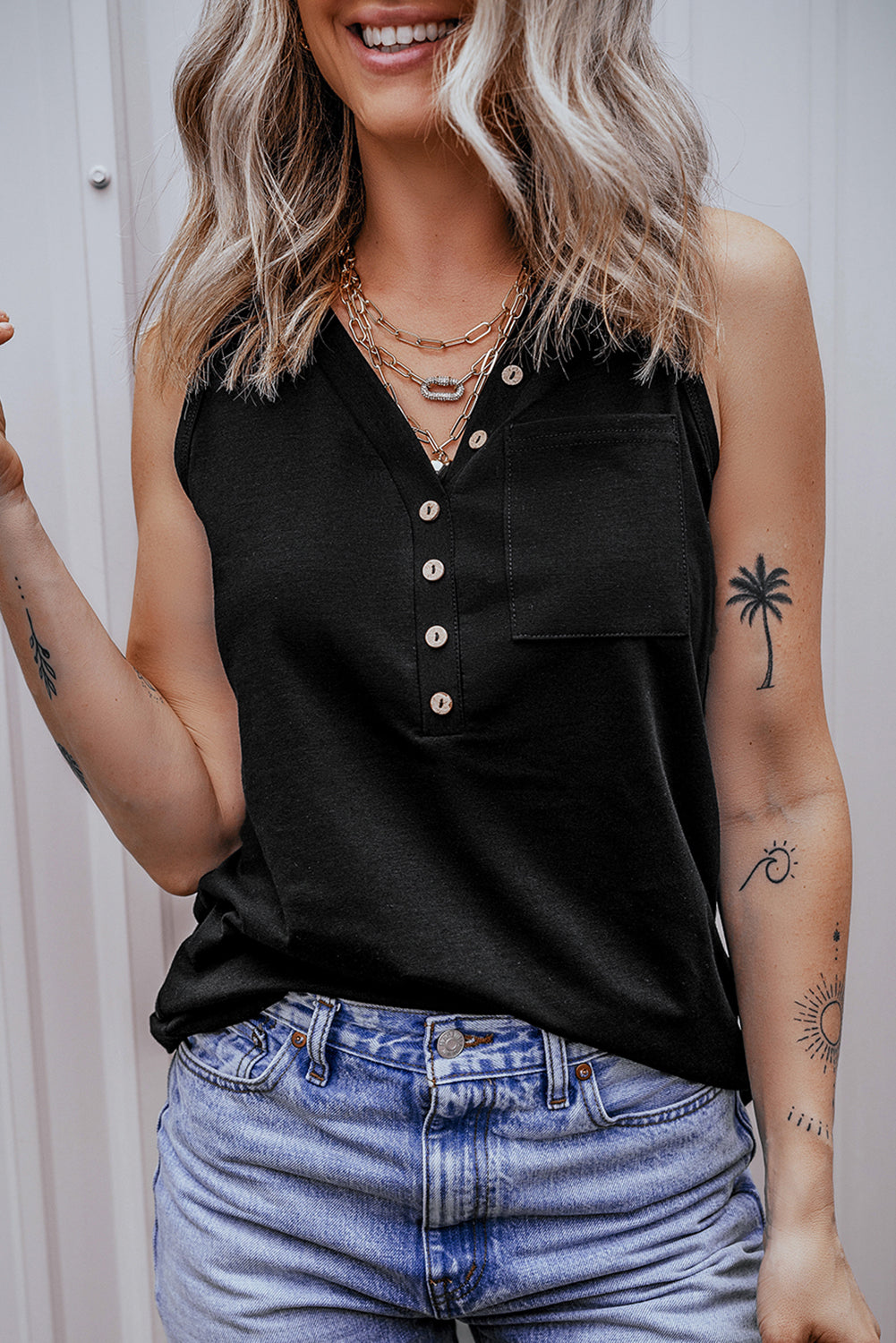 Black Half Button Tank