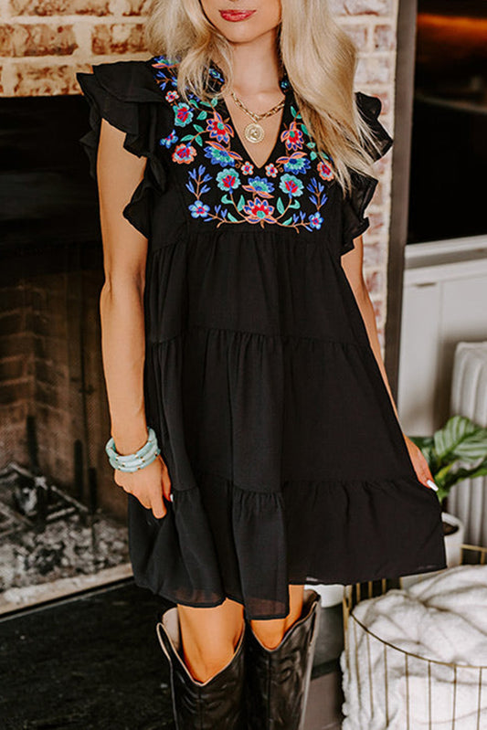 Black Floral Ruffled Mini Dress