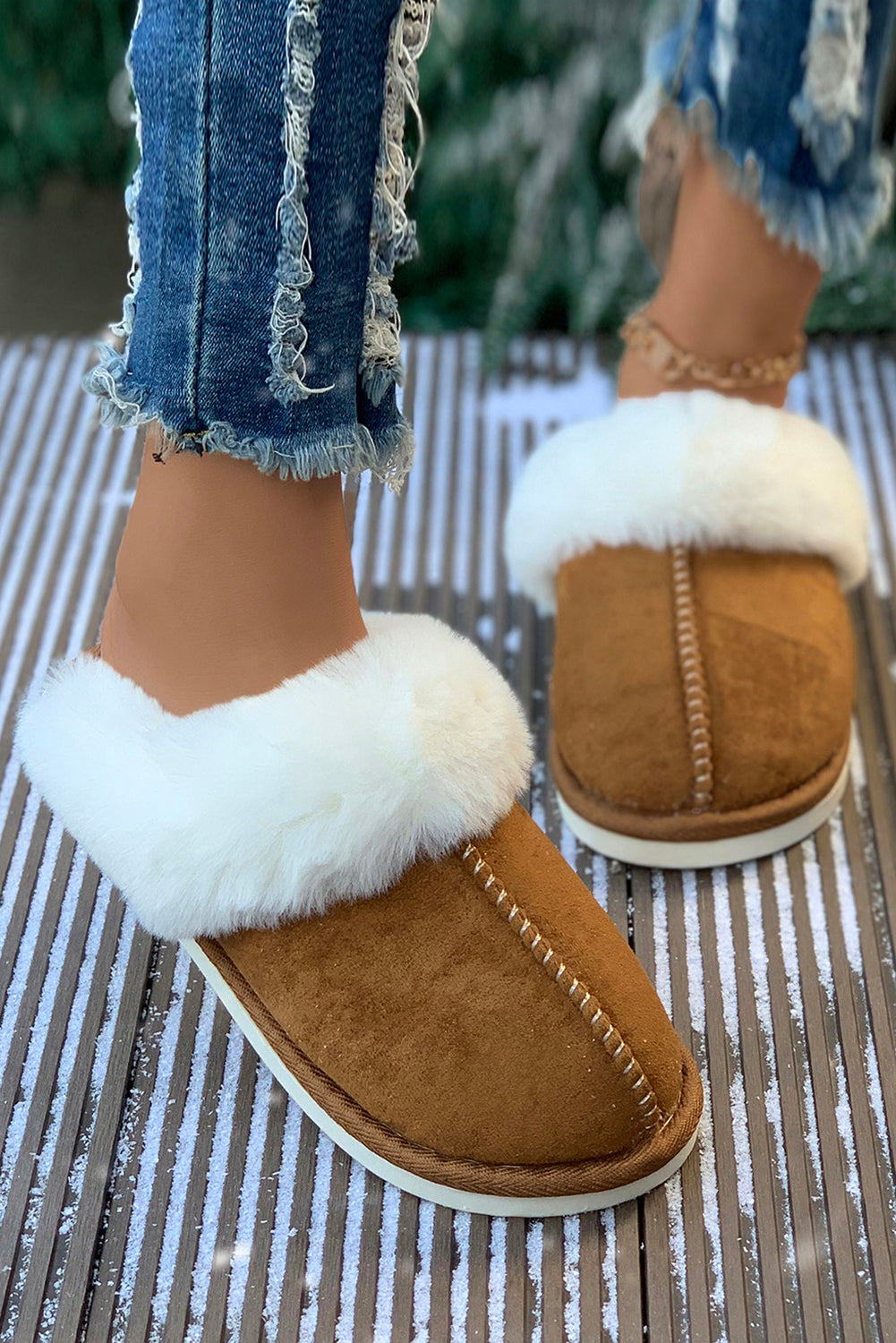 Camel Plush Suede ContrastWinter Home Slippers