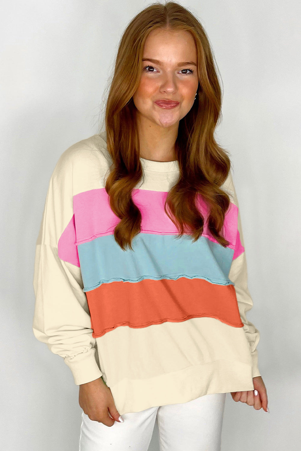 White Colorblock Patchwork Sweatshirt