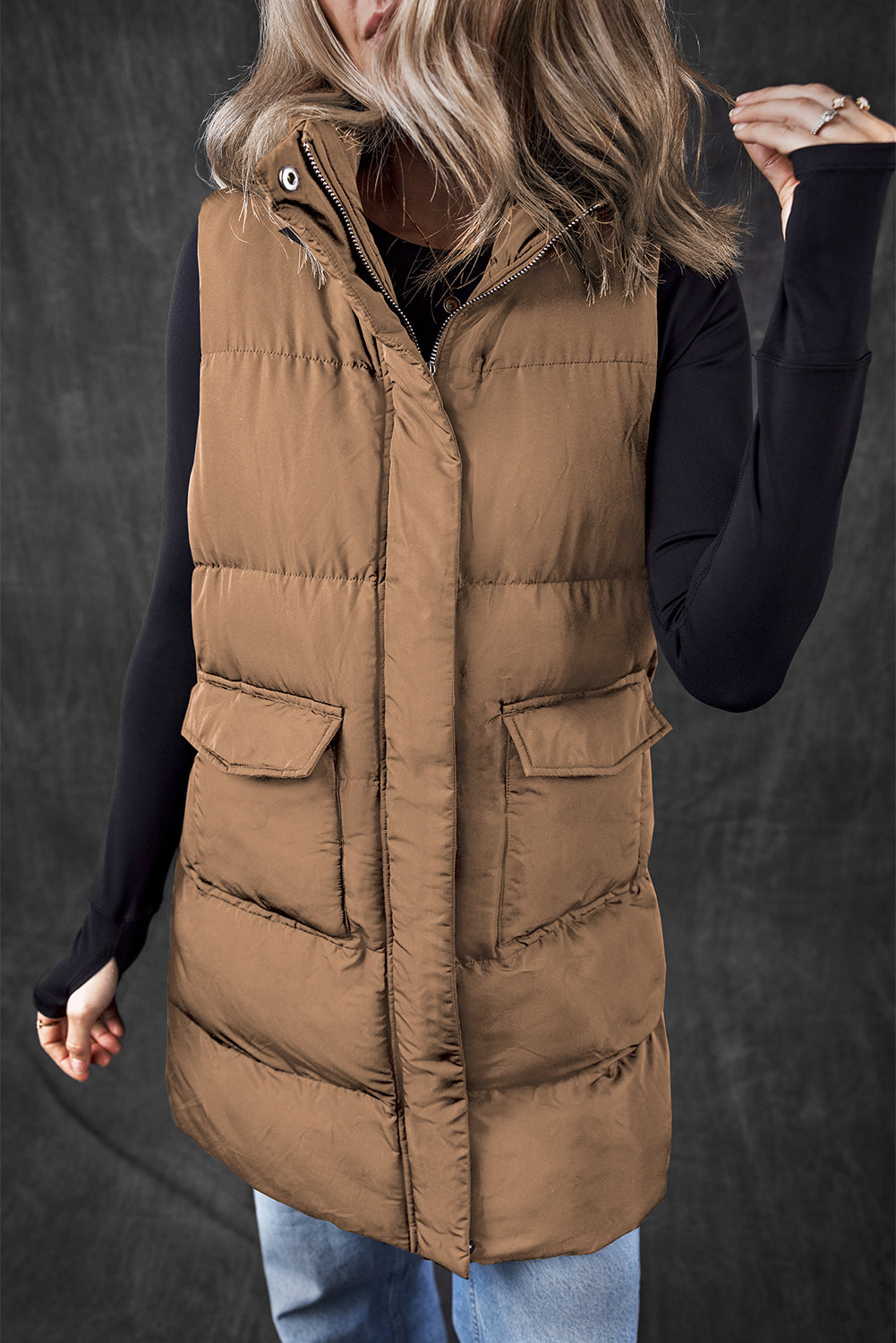 Coffee Windproof Longline Full Zipper Puffer Vest