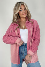 Load image into Gallery viewer, Pink Colorblock Buttoned Flap Pocket Sherpa Shacket

