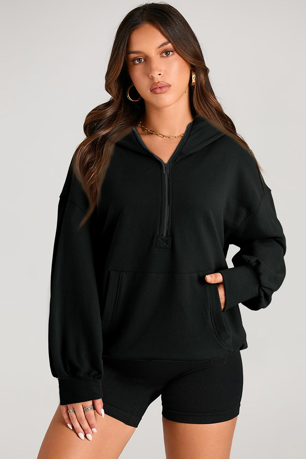 Bonbon Solid Kangaroo Pocket Half Zipper Oversized Hoodie