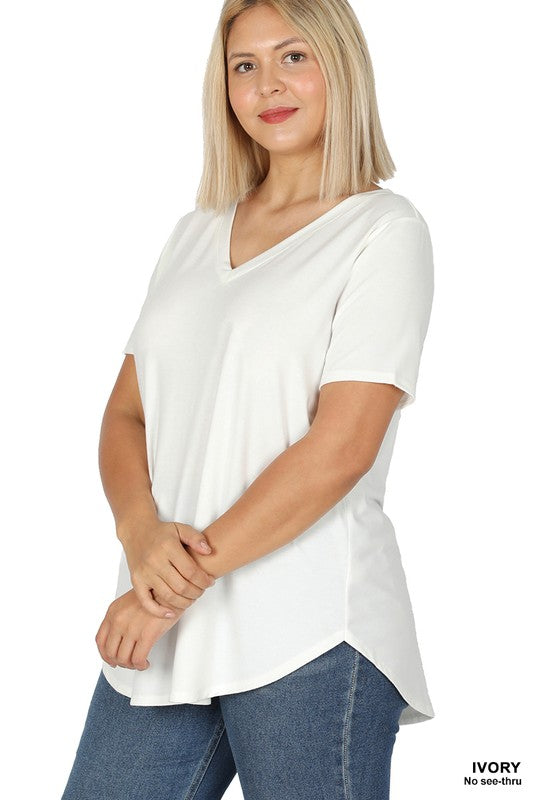 Short Sleeve V-Neck Round Hem Top - PLUS